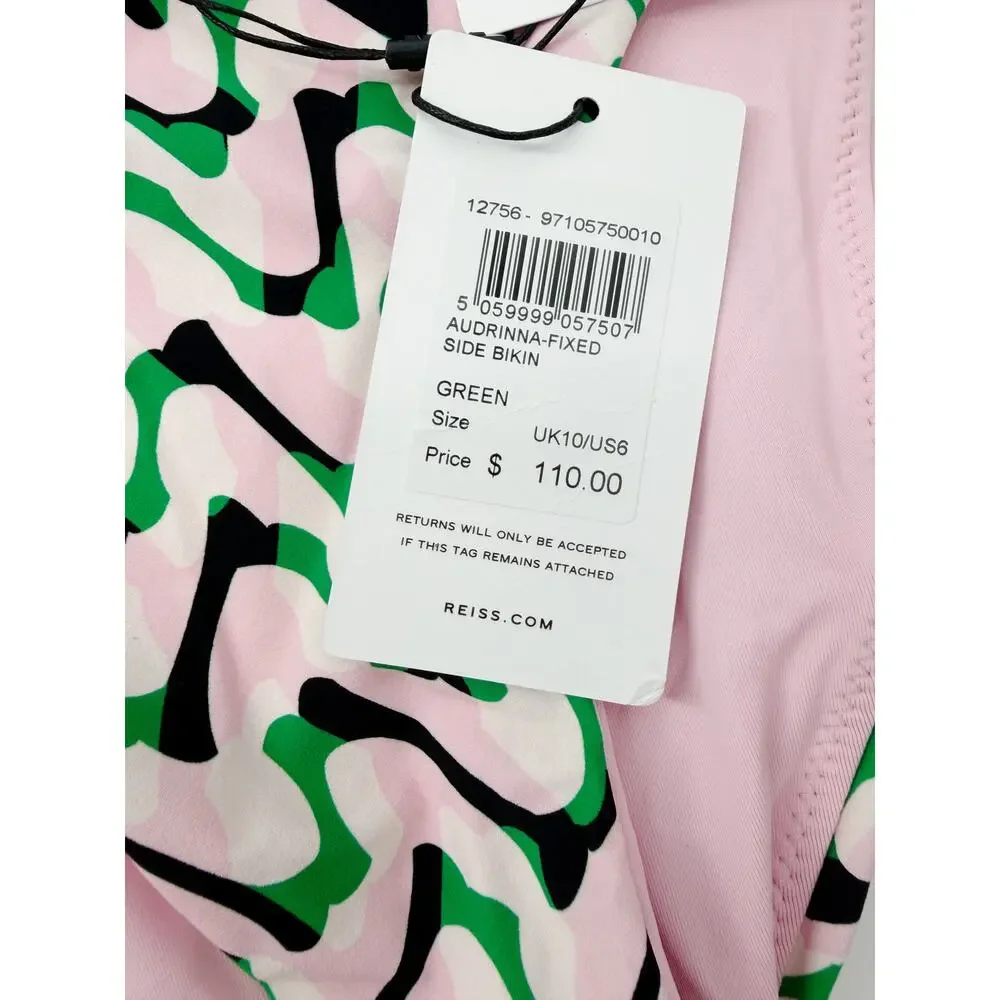 REISS Audrinna Fixed Side Bikini Bottom Size 6 NEW Pink Green $110
